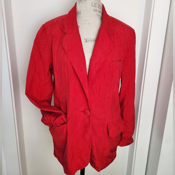 80s Red Silk Blazer Jacket - Picture 1 of 12